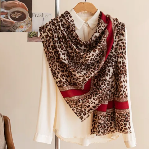 European Style Thin Wool Scarf For Women Leopard Print Red Striped Shawl Long Large Soft Pashmina Wrap Fashion Accessory