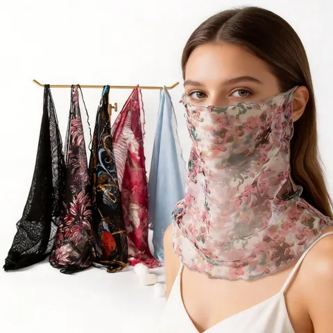 Women 100% Mulberry Silk Sun Protection Face Mask Neck Gaiter Summer Breathable Ear Loop Scarf Ruffle Edge Floral Print Outdoor Veil