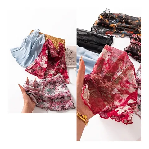 Women 100% Mulberry Silk Sun Protection Face Mask Neck Gaiter Summer Breathable Ear Loop Scarf Ruffle Edge Floral Print Outdoor Veil