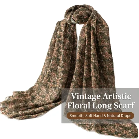 Bufanda con Estampado Floral Étnico Vintage para Mujer Chal de Poliéster Ligero Estilo Mori Retro Bufanda Larga con Estampado de Flores