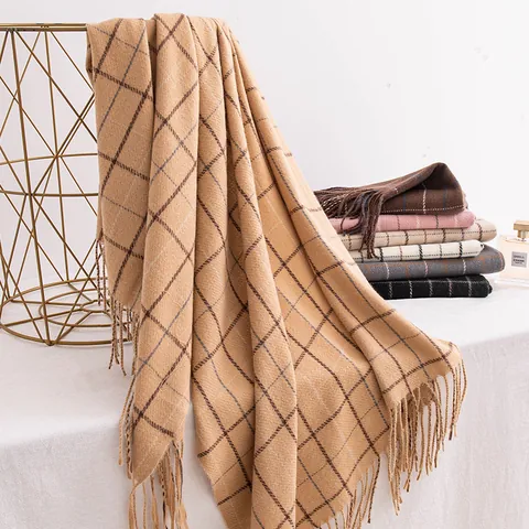 Bufanda de Cuadros Maillard Estilo Coreano para Mujer Invierno Cálida de Poliéster con Flecos Suave Calentador de Cuello Casual