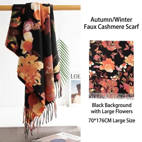 Retro Luxe Kasjmierachtige Polyester Bloemen Sjaal Voor Vrouwen Herfst Winter Warme Grote Bloemenprint Kwastjes Lange Omslagdoek