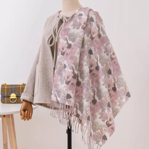 Retro Luxe Kasjmierachtige Polyester Bloemen Sjaal Voor Vrouwen Herfst Winter Warme Grote Bloemenprint Kwastjes Lange Omslagdoek