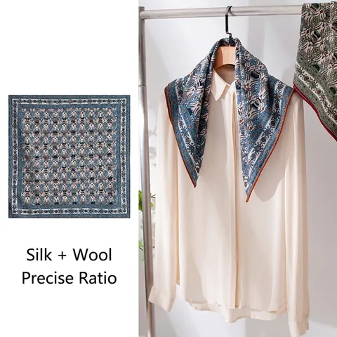 Dames Moerbeizijde Wol Mix Vierkante Sjaal Retro Porselein Bloemen Print Elegante Sjaal Shawl Wrap Zachte Sjaal Cadeau