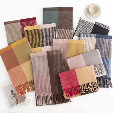 Women's Fashion Plaid Scarf Cashmere-like Tassel Pashmina Shawl Street Style Color Block Checkered Scarf for Winter Fall