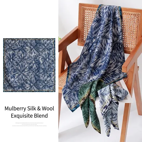 Luxury Mulberry Silk Wool Square Scarf Women Hand Rolled Geometric Pattern Elegant Warm Neck Scarf Wrap Shawl Gift