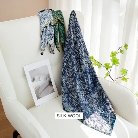 Luxury Mulberry Silk Wool Square Scarf Women Hand Rolled Geometric Pattern Elegant Warm Neck Scarf Wrap Shawl Gift