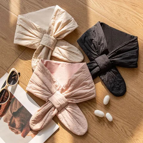 Women Winter Quilted Mulberry Silk Filled Triangle Scarf Bow Neck Warmer Padded Nylon Cotton Lining Windproof Scarf For Women