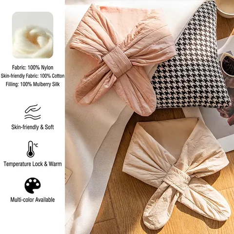 Women Winter Quilted Mulberry Silk Filled Triangle Scarf Bow Neck Warmer Padded Nylon Cotton Lining Windproof Scarf For Women
