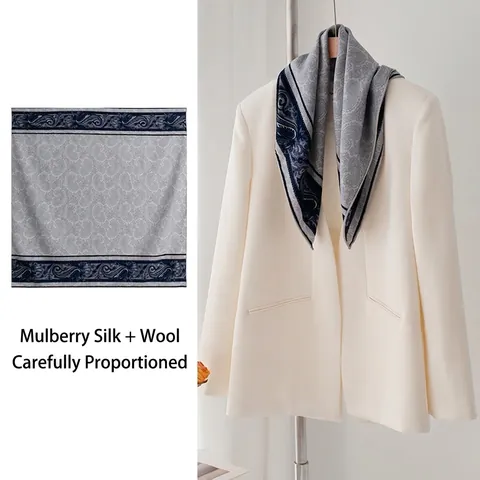 Women Silk Wool Square Scarf National Style Blue Celadon Paisley Print Hand Rolled Edge Shawl For Daily Casual Party Wear