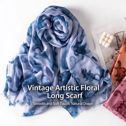 Vintage Floral Print Large Scarf For Women Sun Protection Shawl Polyester Wrap Retro Paisley Artistic Thin Lightweight Travel Scarf