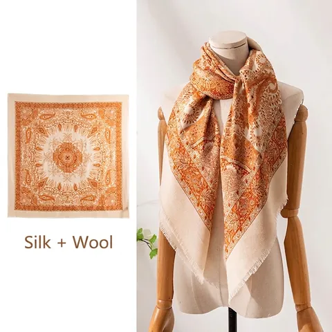 Luxury Mulberry Silk Wool Large Square Scarf Double Sided Paisley Printed Wrap Shawl For Women Elegant Retro Style Scarf
