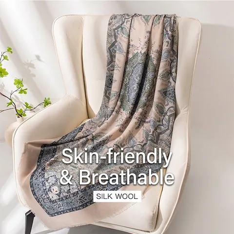 Luxury Mulberry Silk Wool Large Square Scarf Double Sided Paisley Printed Wrap Shawl For Women Elegant Retro Style Scarf