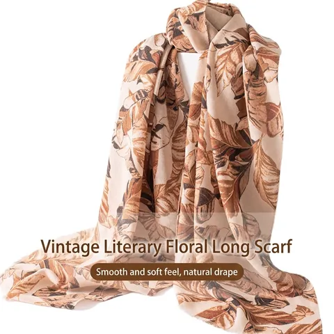 Women Tropical Leaf Print Scarf Large Cotton Blend Sunscreen Shawl Vintage Beach Wrap Floral Long Scarf For Summer Holiday