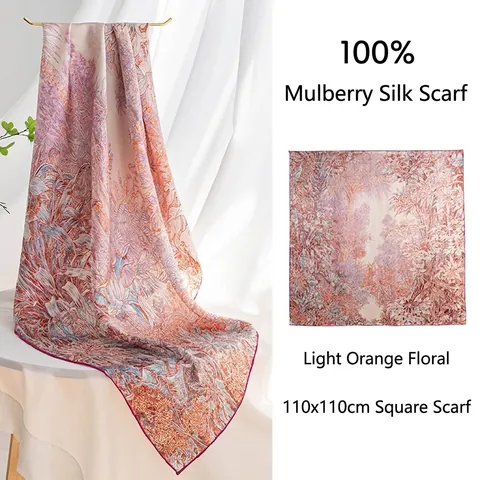 Luxury 100% Mulberry Silk Large Square Scarf Women Botanical Floral Printed Shawl Elegant Lightweight Sunscreen Wraps