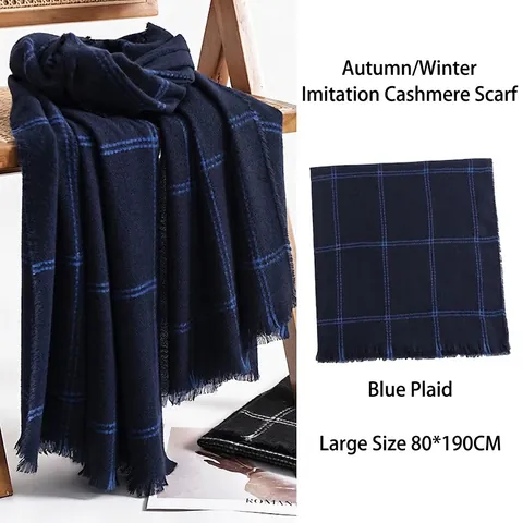 Men Fashion Blue Grid Checkered Scarf Soft Warm Commuter Neck Wrap With Tassels Long Polyester Scarf For Autumn Winter