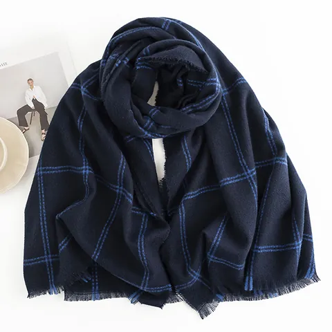 Men Fashion Blue Grid Checkered Scarf Soft Warm Commuter Neck Wrap With Tassels Long Polyester Scarf For Autumn Winter