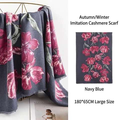 Vintage Floral Printed Polyester Scarf For Women Soft Cashmere Feel Shawl Wrap With Tassels Warm Elegant Commuter Scarf