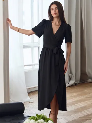 Women Elegant V-Neck Short Sleeve Wrap Midi Dress Summer Solid Color High-Low Hem Tie Waist Polyester Party Dress