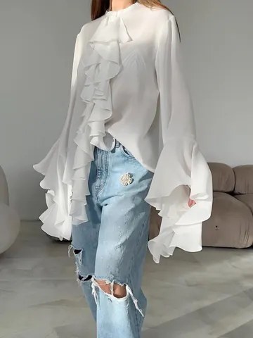 Women's French Elegant Ruffle Blouse Solid Color Long Sleeve Flare Cuff Stand Collar Polyester Cardigan Style Top