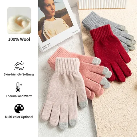 Guantes de Lana para Mujer Invierno Cálido Punto Pantalla Táctil Guantes de Dedos Completos para Viaje Diario Ciclismo Aire Libre Elegante Rosa Gris