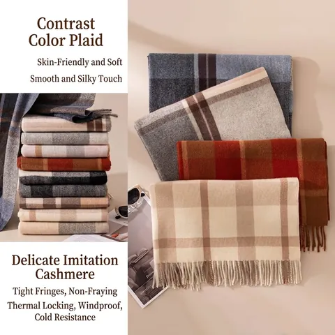 Checkered Plaid Scarf For Women Men Autumn Winter Thick Warm Soft Polyester Pashmina Style Shawl With Tassels Neck Warmer Wrap
