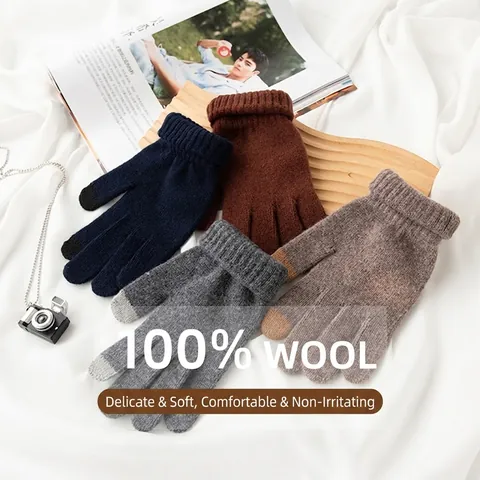 100% Pure Wool Knitted Gloves For Men Women Touchscreen Winter Thick Warm Full Finger Gloves For Driving Cycling Outdoor
