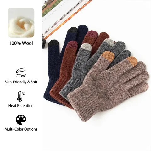 100% Pure Wool Knitted Gloves For Men Women Touchscreen Winter Thick Warm Full Finger Gloves For Driving Cycling Outdoor