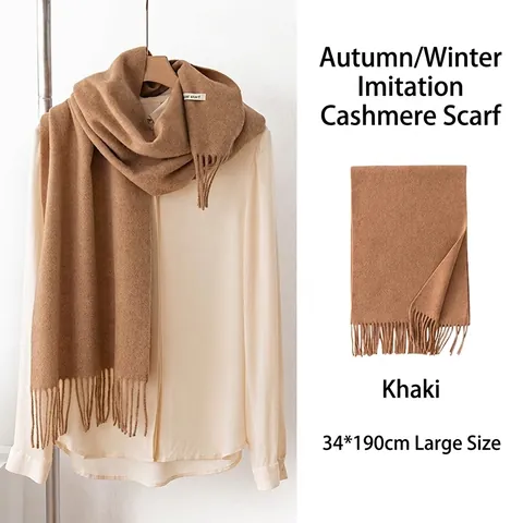 Women Men Solid Color Imitation Cashmere Scarf Winter Warm Tassel Shawl Soft Polyester Wool Blend Fashion Wrap Neck Scarf