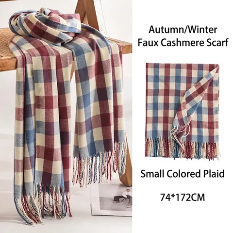 Japanese Houndstooth Plaid Scarf For Women Winter Warm Polyester Checkered Shawl With Tassel Fringe Unisex Long Neck Scarf
