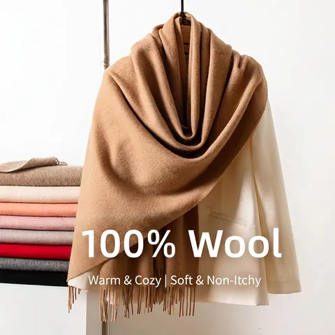 Solid Color Thickened Wool Scarf For Women Winter Warm Large Shawl With Tassels Elegant Soft Knitted Pashmina Wrap