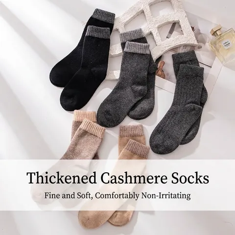 Winter Thick Thermal Cashmere Wool Blend Mid-Calf Socks Solid Color Ribbed Cuff Warm Crew Socks For Men Women