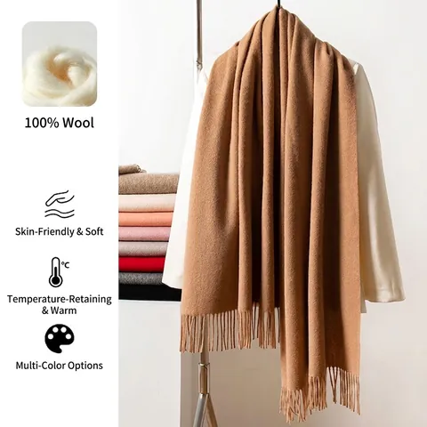 Solid Color Thickened Wool Scarf For Women Winter Warm Large Shawl With Tassels Elegant Soft Knitted Pashmina Wrap