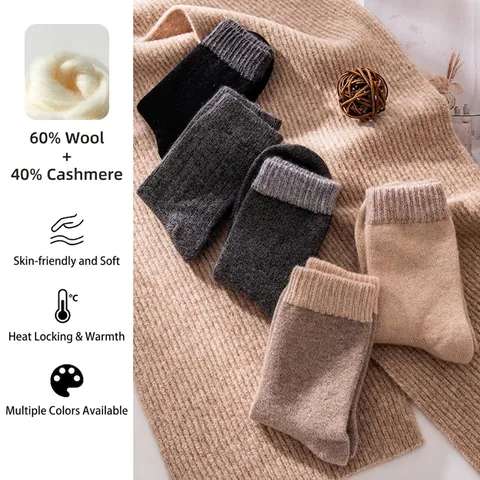 Winter Thick Thermal Cashmere Wool Blend Mid-Calf Socks Solid Color Ribbed Cuff Warm Crew Socks For Men Women