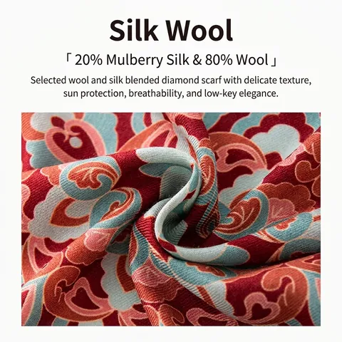 Pañuelo Cuadrado Retro de Mezcla de Seda de Morera y Lana Elegante Chal con Estampado de Paisley y Animales para Mujer