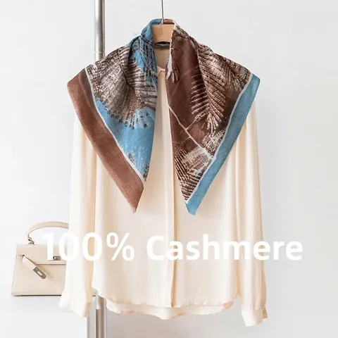 100% Cashmere Square Scarf For Women Lightweight Elegant Thin Floral Leaf Print Wrap Scarf Retro Soft Pashmina Shawl Accessories