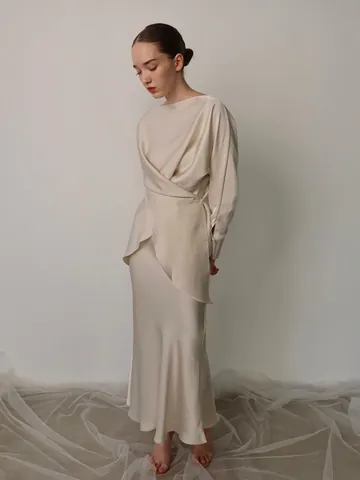 Women Elegant Satin Skirt Set Formal Long Sleeve Wrap Top And Maxi Skirt Two Piece Suit For Banquet Party Wedding Guest