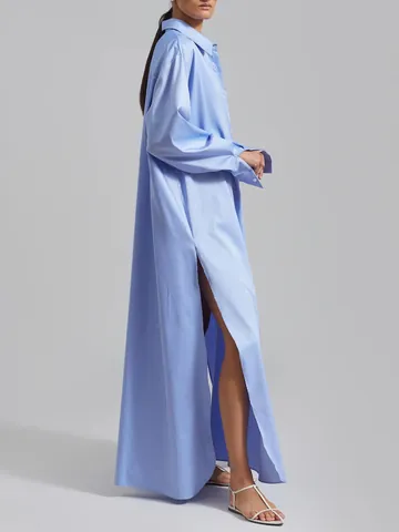 French Style Women Long Shirt Dress Cotton Blend Long Sleeve Side Slit Maxi Dress Casual Beach Sun Protection Dress For Women