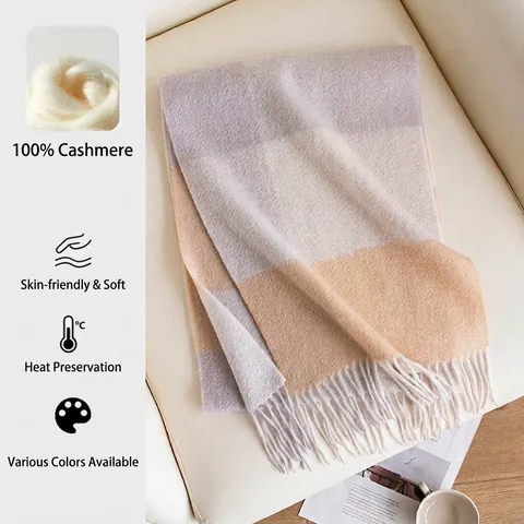 Women 100% Pure Cashmere Plaid Scarf Winter Large Check Thick Warm Shawl Elegant Tassel Soft Wrap Long Knitted Snood