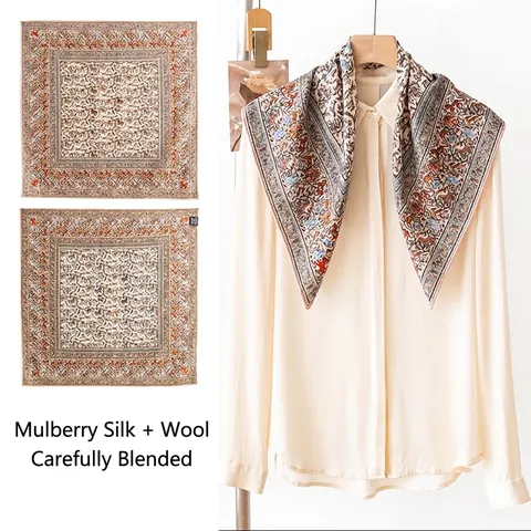 Vintage Paisley Equestrian Print Zijde Wol Mix Vierkante Sjaal Elegante Dames Shawl Lichtgewicht Halssjaal Mode Accessoire
