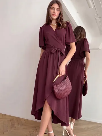 Women Elegant V-Neck Short Sleeve Wrap Midi Dress Summer Solid Color High-Low Hem Tie Waist Polyester Party Dress