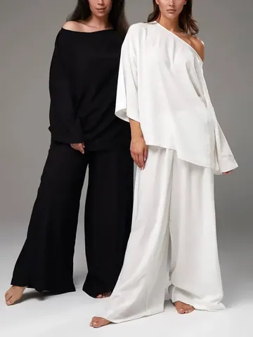 Femmes Minimaliste Français Lounge Haut Et Bas Oversize Ample Décontracté Tenue De Maison Polyester Patchwork Pyjama Manches Longues