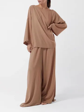 Femmes Minimaliste Français Lounge Haut Et Bas Oversize Ample Décontracté Tenue De Maison Polyester Patchwork Pyjama Manches Longues