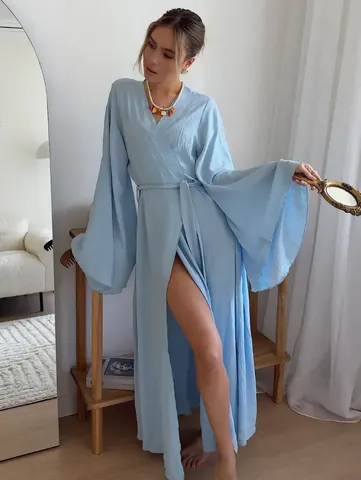 Women Elegant V-Neck Wrap Maxi Dress Bell Sleeve Solid Color Cardigan Robe Casual Vacation Home Long Dress