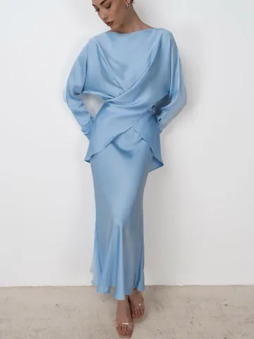 Women Elegant Satin Skirt Set Formal Long Sleeve Wrap Top And Maxi Skirt Two Piece Suit For Banquet Party Wedding Guest