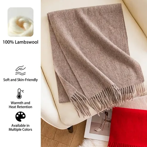 Écharpe 100% Laine Douce Chaude Laine d'Agneau Couleur Unie Gland Long Châle pour Femmes Hommes Hiver Tour de Cou Luxueux