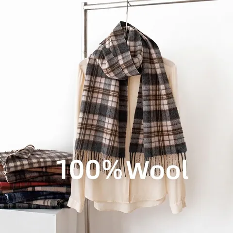 100% Wolle Karierter Schal Für Damen Herbst Winter Warm Langer Quasten Schal Koreanischer Stil Klassischer Karo Schal Eleganter Weicher Wollschal