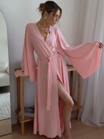 Women Elegant V-Neck Wrap Maxi Dress Bell Sleeve Solid Color Cardigan Robe Casual Vacation Home Long Dress
