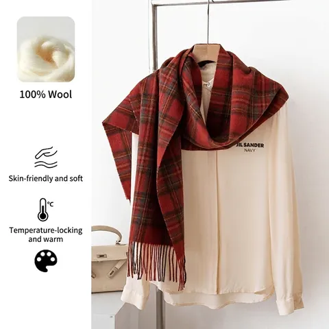 100% Wolle Karierter Schal Für Damen Herbst Winter Warm Langer Quasten Schal Koreanischer Stil Klassischer Karo Schal Eleganter Weicher Wollschal