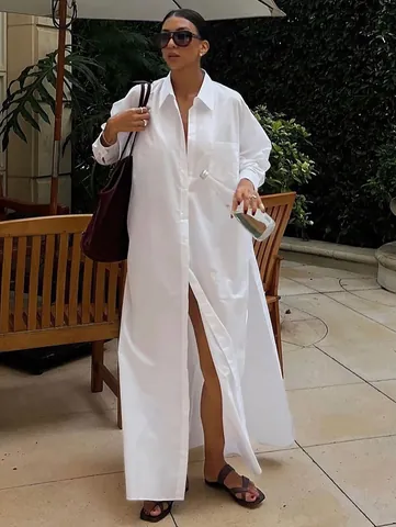 French Style Women Long Shirt Dress Cotton Blend Long Sleeve Side Slit Maxi Dress Casual Beach Sun Protection Dress For Women